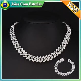 Conjunto Colar e Pulseira Cubano Masculino Aço Inoxidável Iced Out Strass Brilhante Hip Hop Trap Ótimo Presente