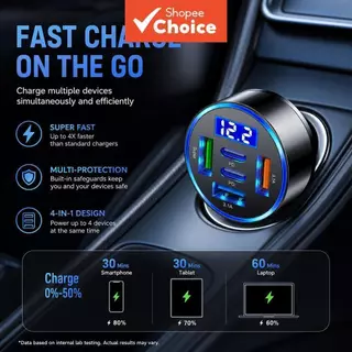 Carregador De Carro 5 Em 1 3.1a Dual USB Type-c Para Smartphone Tablet Banco De Potência Preto Portátil