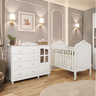 Quarto de Bebê com Berço Mini Cama e Cômoda com Janela Maya Clássico Espresso Móveis Branco/Brilho