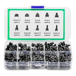 Kit 200 Botões Táctil Push Button 6x6mm 10 Interruptores Tamanhos Variados Preto