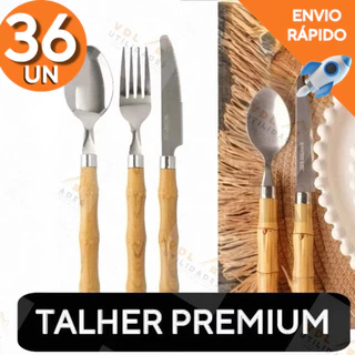 Jogo de Talheres Faqueiro 36 Peças Faca Garfo Colher Em Aço Inox de Cabo Plástico Bambu