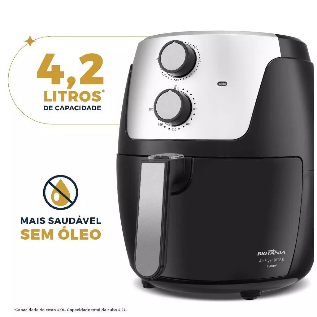 Air Fryer Britânia BFR38 preta destacando sua capacidade de 4,2 litros e o benefício de cozinhar de forma mais saudável sem a necessidade de óleo.