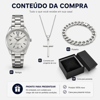 Kit Relógio Masculino Orimet com Corrente Cruz, Pulseira e Caixa Presente Dia dos Pais