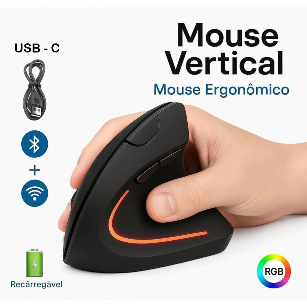 Mouse Vertical Ergonômico Sem Fio Recarregável USB Bluetooth Silencioso Ortopédico Mão Direita PC Gamer Super