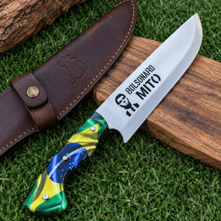 Faca Premium Brasil em Aço Inox Personalizada + Bainha de Couro + Gravação Grátis