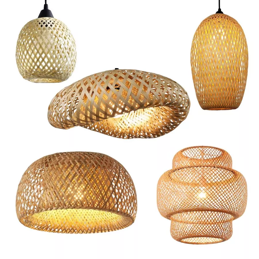 Composição de Lustres Teto Luminária Pendente Bambu Rattan Rústico Trançado Conjunto Sala Cozinha Varanda