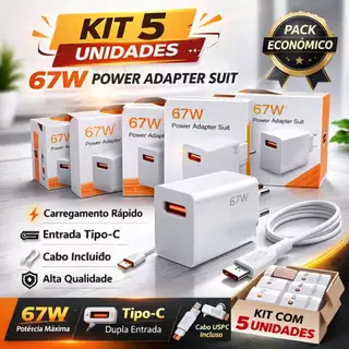 Kit com 5 Carregadores Rápidos USB-C de 67W - Ideal para Revenda