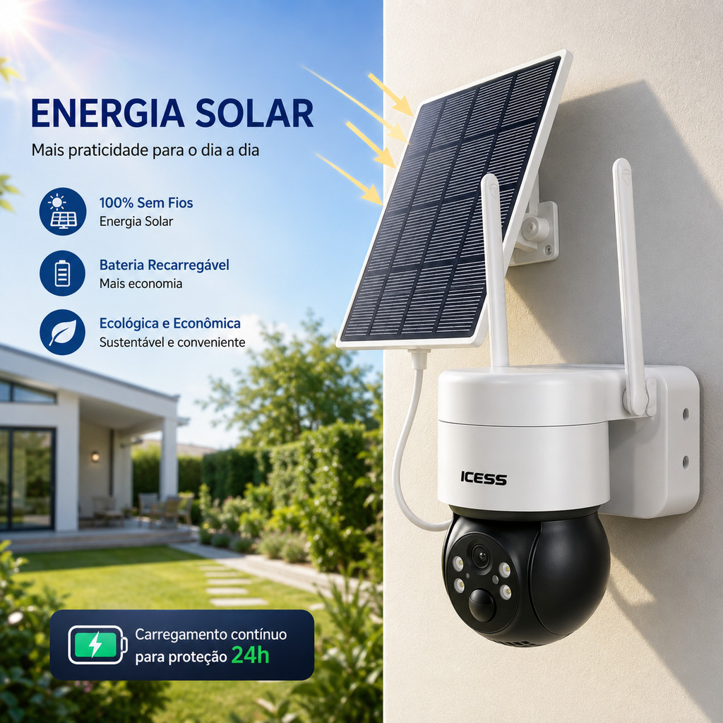 Camera Solar WiFi PTZ Externa 3MP Bateria 6000mAh Painel Solar Visao ...