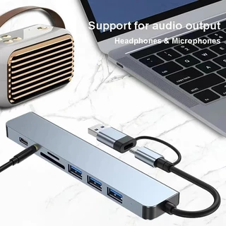Hub USB-C 8 em 1 Multifuncional com USB 3.0, USB 2.0, Leitor SD/TF e Áudio 3.5mm para Notebook e PC