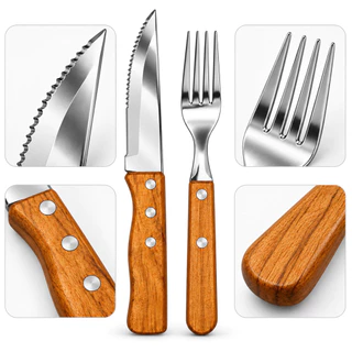 Kit 12 Peças Talheres Churrasco 6 Facas Serrilhadas 6 Garfos Cabo Madeira Aço Inox Cozinha