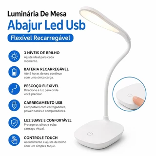 Luminária De Mesa Abajur 14 Led Usb Flexível Recarregável led 3 níveis de intensidade