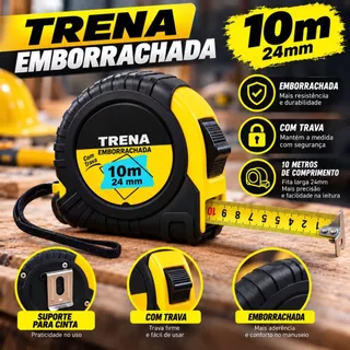 Trena Profissional 10 Metros 24mm Fita de Aço Reforçada Emborrachada Retrátil com Trava e Alça para Medições