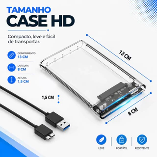 Case HD Externo USB 3.0 para HD/SSD Gaveta Externa Transparente com Cabo USB Alta Velocidade Compatível Notebook e PC