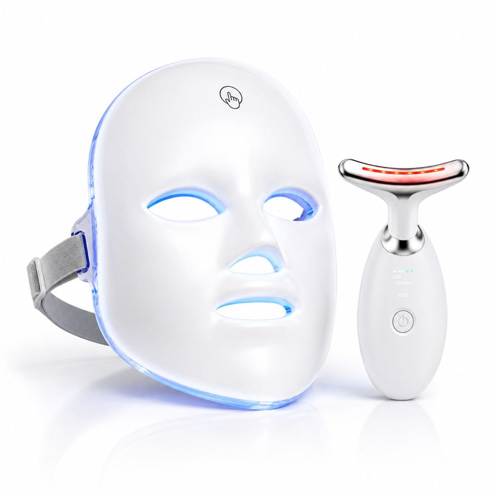Kit Máscara LED 7 Cores Fototerapia 90 LEDs + Massageador Facial LED Vibratório