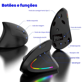 Mouse Vertical Ergonômico Sem Fio Recarregável USB Bluetooth Silencioso Ortopédico Mão Direita PC Gamer Super