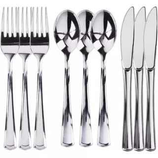 Kit 36 talheres descartáveis de plástico prata, incluindo 12 garfos, 12 colheres e 100 facas