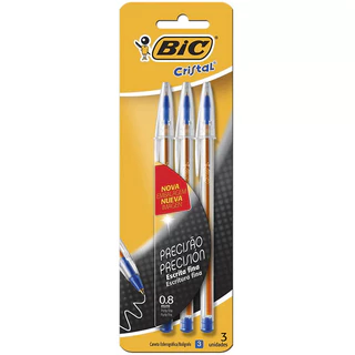 Caneta esferográfica Cristal Fina 0.8 Azul com 3 unidades Bic em Oferta na Shopee