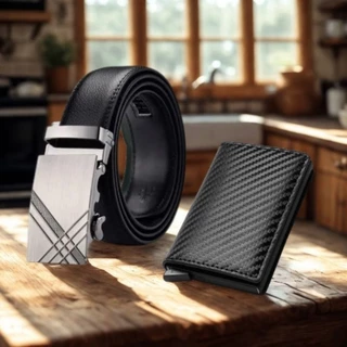Presente Perfeito para o Dia dos Pais – Fivela Prata - Kit com Cinto de Couro + Carteira Slim Moderna