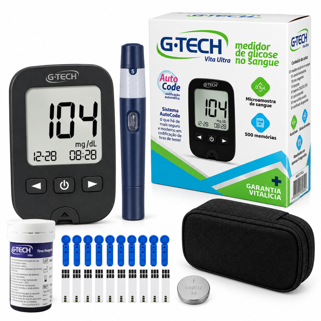 APARELHO MEDIDOR DE GLICOSE KIT COMPLETO VITA ULTRA GTECH PRETO 10 TIRAS E 10 LANCETAS
