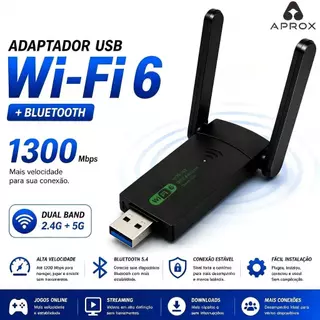 Adaptador USB Wi-Fi 6 Dual Band 2.4GHz+5GHz Até 1300Mbps Alta Velocidade para Notebook e Desktop-APROX