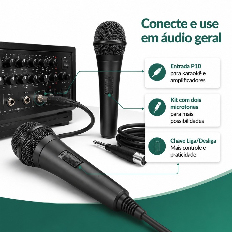 Kit Microfones Dinâmicos Profissional com Fio 3m Conector P10 6,35mm para Eventos Apresentações e Diversão em Família