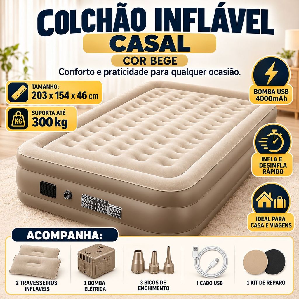 Colchão Inflável Casal Bege Premium Bomba USB Recarregável 4000 mAh 2 Travesseiros Alto 46cm Camping