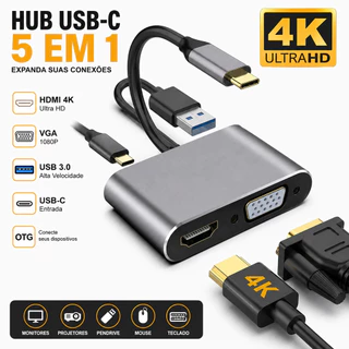 Adaptador USB Tipo C Hub 5 em 1 HDMI 4K VGA USB 3.0 OTG Para MacBook Notebook Tablet Celular Compatível Windows