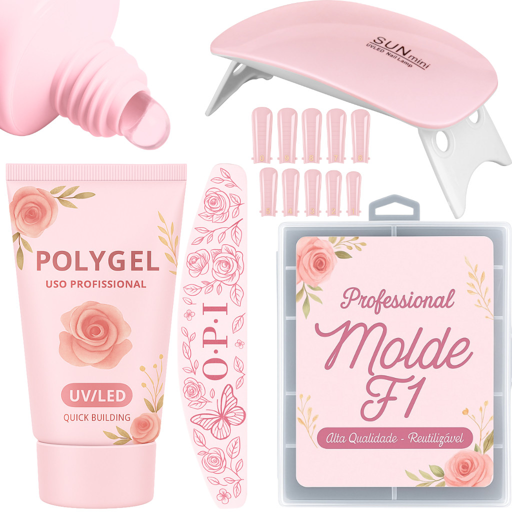 Kit Alongamento Poligel Polygel + Molde F1 + Lixa + Mini Cabine De Unha ...