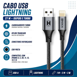 Cabo USB Lightning iPhone 14 13 12 11 X XR 9 8 Pro Max 27W 1m 2m 3m Rápido Turbo Trançado Nylon
