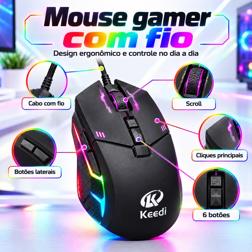 Kit Gamer Teclado Mouse RGB USB com Fio ABNT2 Mouse 6 Botões DPI Ajustável 1200 a 3600 Keedi TEC801