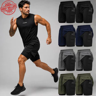 Kit 2 Bermuda 2 em 1 Com Short Interno Térmico Masculino Ideal Para Treinar Bermuda Com Short Interno e Bolso Lisa