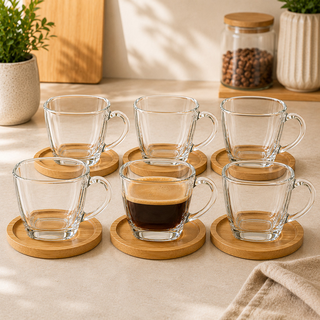 Jogo De Xícaras De Vidro Com Pires de Bambu 190ml Café Chá | Shopee Brasil