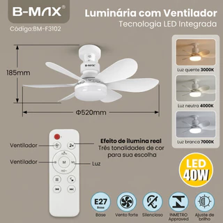 Ventilador de Teto com Lâmpada LED E27 - Silencioso, com Controle Remoto,Ventilador de 6 pás 52CM B-MAX BM F3102
