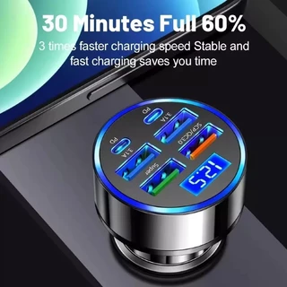 Adaptador de Carro de Carregamento Rápido 6 em 1 3.1A Display Digital Duplo Tipo C para Smartphones, Tablets e Power
