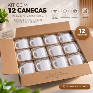Kit com 12 Canecas Brancas de Cerâmica para Sublimação 320ml