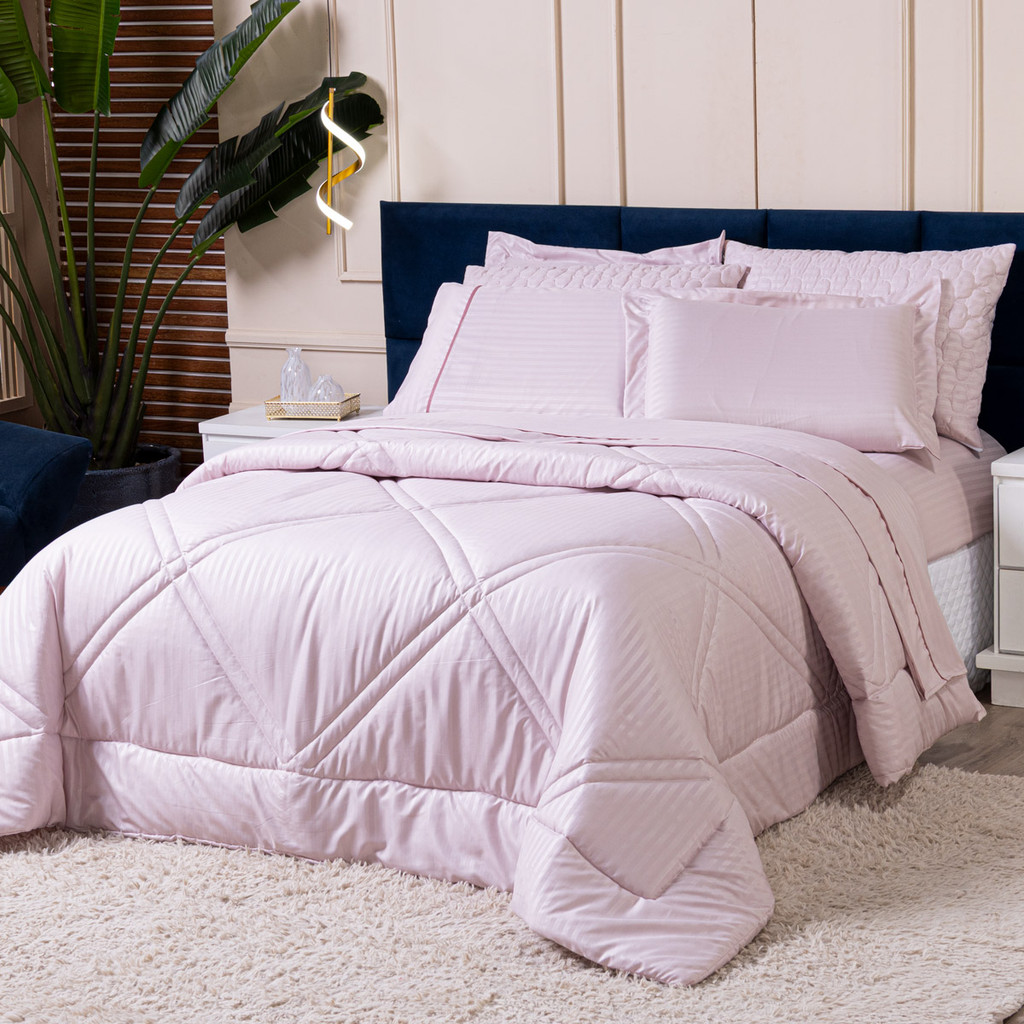 Kit Edredom QUEEN Mônaco Fitado Percal Soft 300 Fios com Fronhas 03 Peças Tecido Dupla Face Listrado