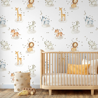 Papel de Parede Infantil Safari Aquarela Animais na Nuvem Quarto de Bebê Auto Adesivo Decorativo Leão Girafa e Elefante