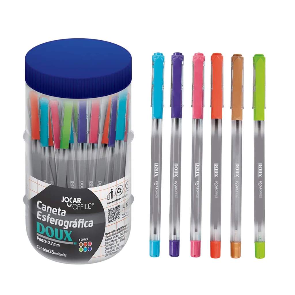Caneta Esferográfica Doux 0.7 Colorida - Pote com 35 Unidades