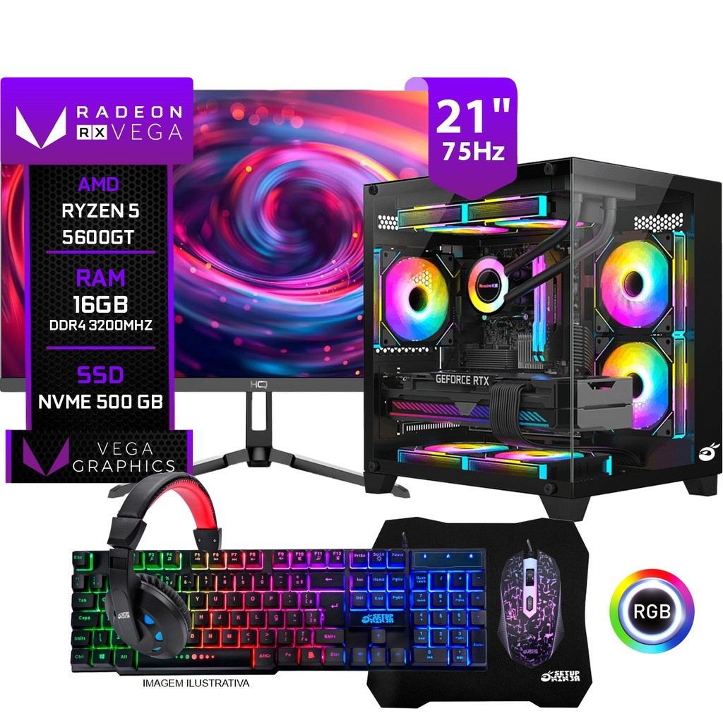 PC Gamer Completo Trigger I, AMD Ryzen 5 5600GT, 16GB RAM, SSD M.2 500GB, Monitor 21" 75Hz, Kit Periféricos