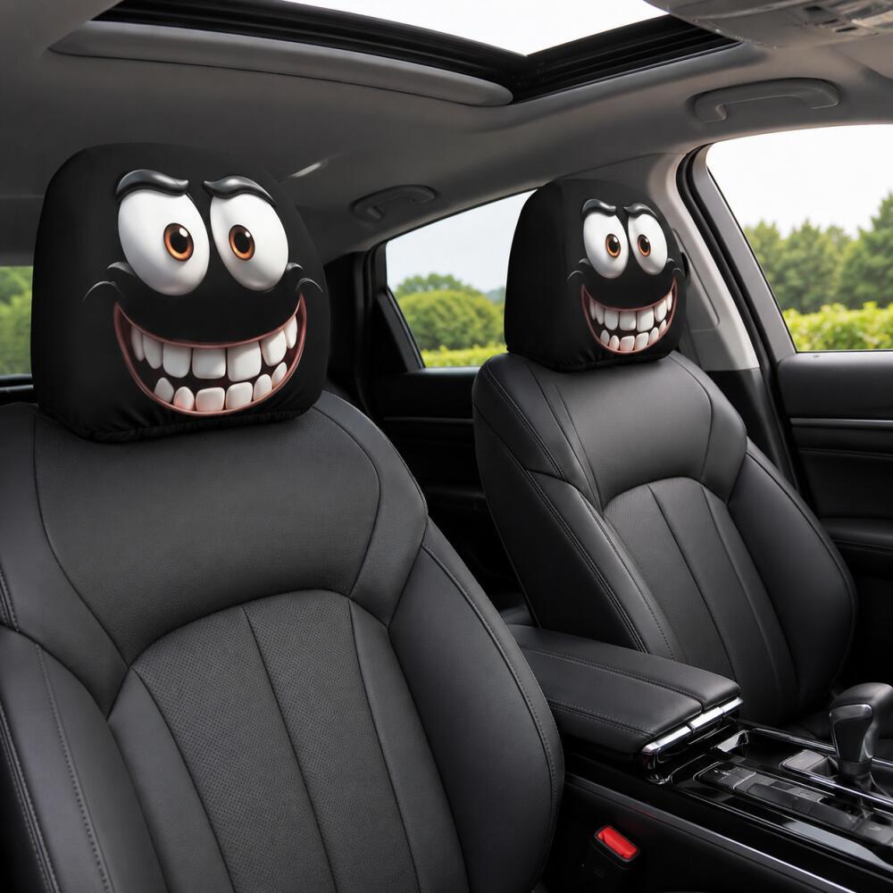 2 Peças Capa De Encosto De Cabeça De Carro Com Rosto Sorridente Engraçado , Impressa Em 2D , Macia E Extensível , Protet