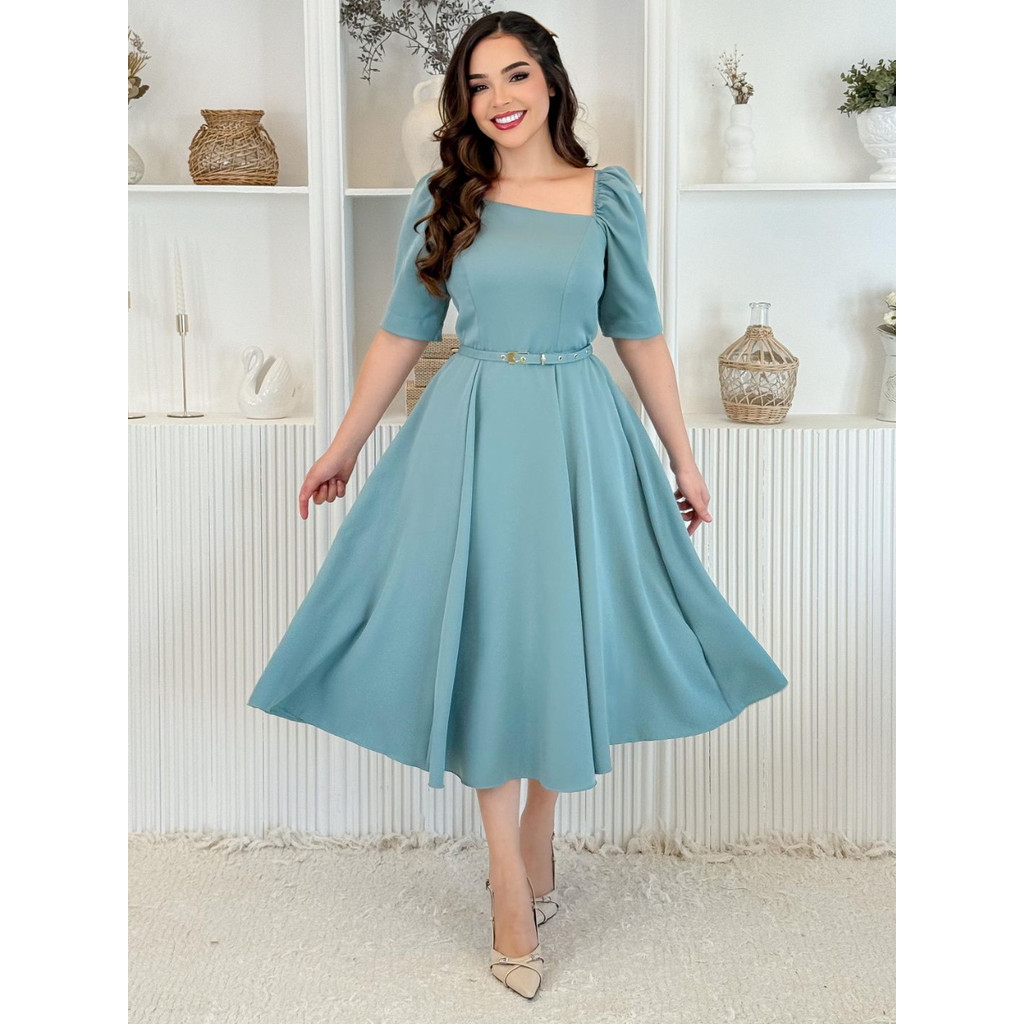 Vestido Midi Social Elegante Decote Quadrado Assimétrico de Festa Convidada