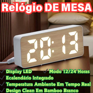 Digital Cabeceira Despertador LED Branco De Silencioso Com Padrão De Madeira Multifuncional em Oferta na Shopee