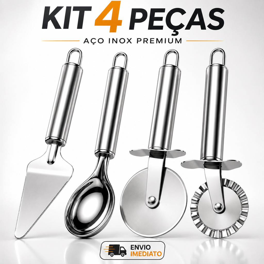 Kit 4 Peças Carretilhas Cortador De Massas Pastel e Pizza Colher De Sorvete e Espátula de Bolo Exclusivo
