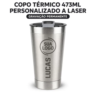 COPO TÉRMICO 473ML INOX PRETO COM SUA MARCA GRAVADA A LASER — PERSONALIZE COM NOME, LOGO OU TIME DO CORAÇÃO