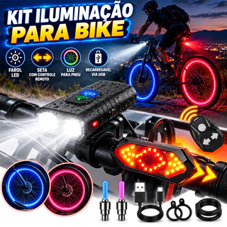 Kit Farol Bike LED Recarregável com Lanterna Traseira Seta Controle Remoto e Luz para Pneu Ciclismo Noturno