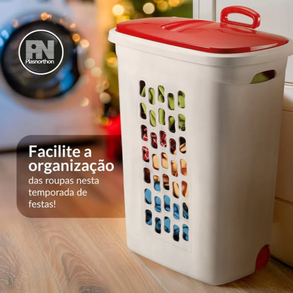 Cesto de Roupa com Rodinha e Alça 70 Litros Plasnorthon Organizador Lavanderia