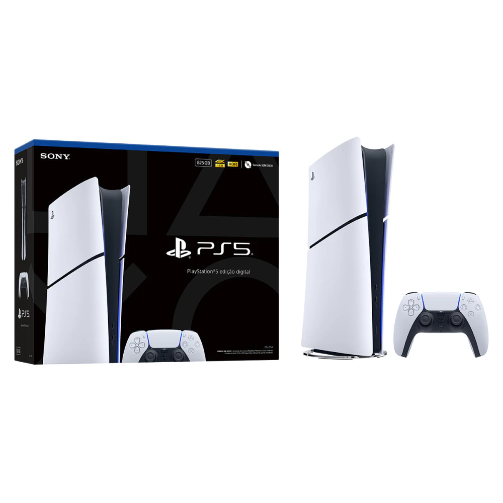 Caixa do console PlayStation 5 Slim Digital ao lado do console e controle DualSense
