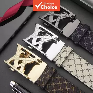 Cinto De Catraca De Couro Com Estampa De Grade Masculina Duplo X Metal Fivela Automática Alça De Cintura Ajustável Negóc