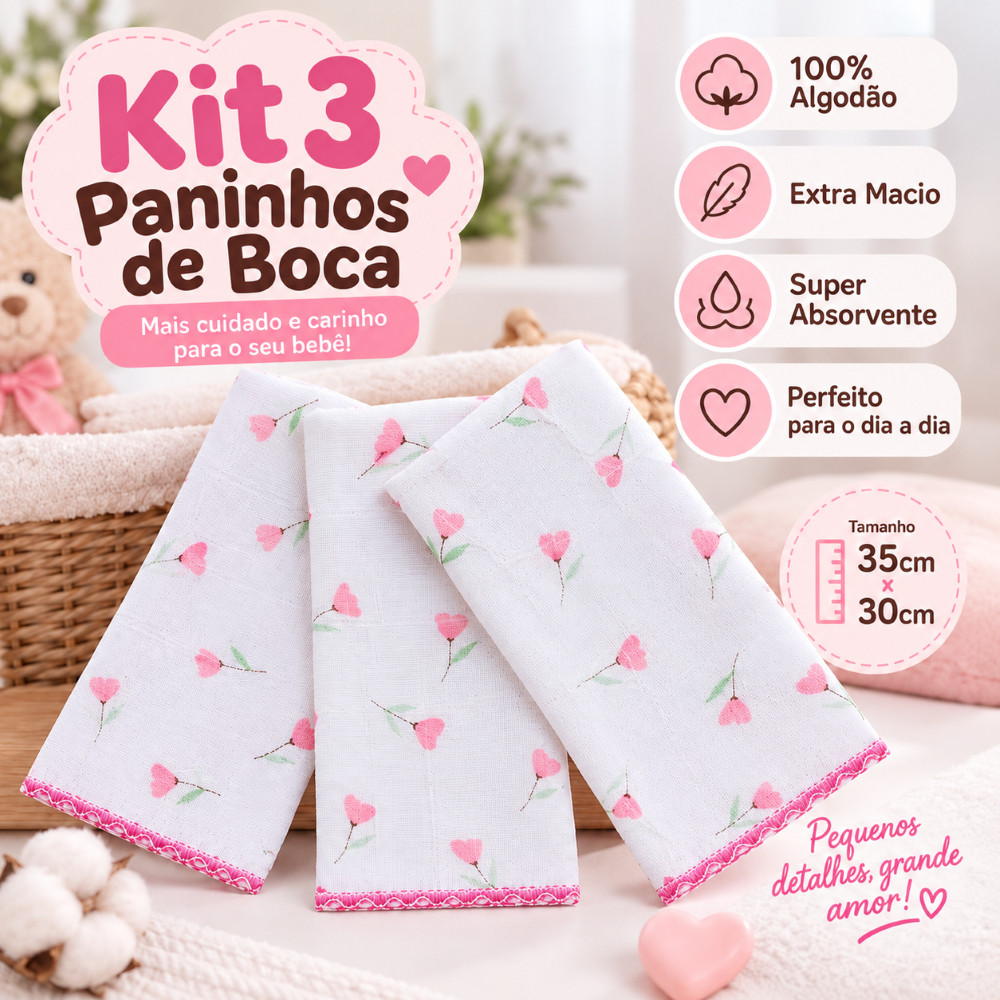 Kit 3 Paninho de Boca Fraldinha Enxoval Maternidade Macio 100% Algodão ...