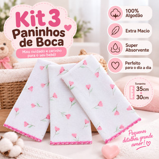 Kit 3 Paninho de Boca Fraldinha Enxoval Maternidade Macio 100% Algodão ...